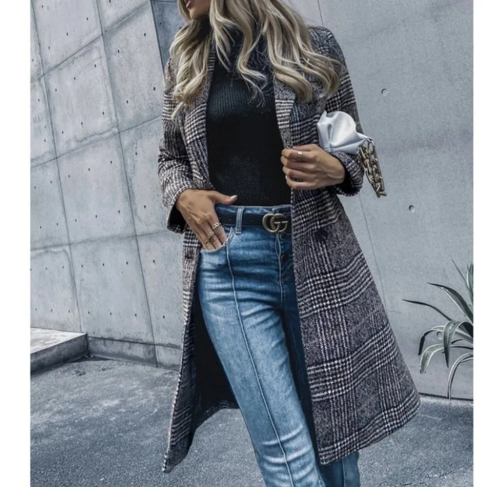 plaid Print Double Breasted Pea Overcoat jacket fall/winter - Picture 8 of 15